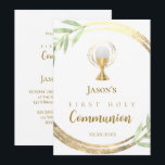 First Holy Communion golden circle green leaves Invitation<br><div class="desc">First Holy Communion invitation</div>