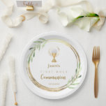 First Holy Communion golden circle green leaves Paper Plate<br><div class="desc">First Holy Communion paper plates</div>