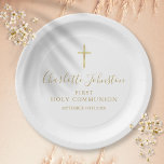 First Holy Communion Golden Signature Script Paper Plate<br><div class="desc">Featuring golden script signature name. Personalize with your special first holy communion information in chic gold lettering  Designed by Thisisnotme©</div>