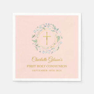 First Holy Communion Greenery Blush Pink Gold Napkin