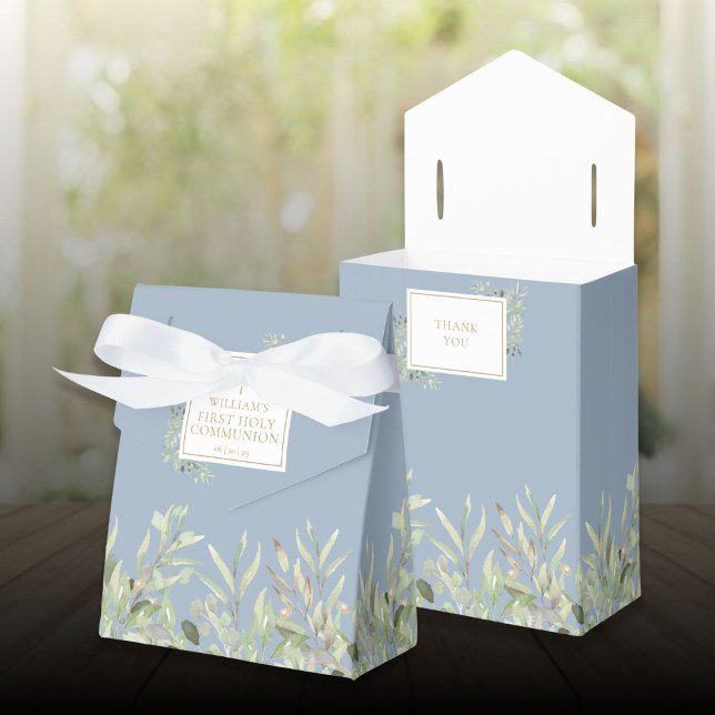First Holy Communion Greenery Foliage Blue  Favor Box (First Holy Communion Greenery Foliage Blue Favor Boxes)