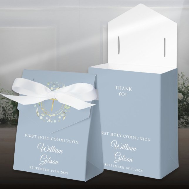 First Holy Communion Greenery Garland Dusty Blue Favor Box (First Holy Communion Greenery Garland Dusty Blue Favor Boxes)