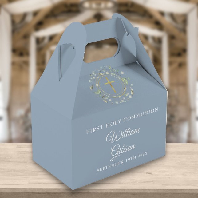 First Holy Communion Greenery Garland Dusty Blue Favor Box (Creator Uploaded)