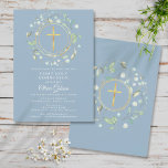 First Holy Communion Greenery Gold Cross Blue Save The Date<br><div class="desc">A decorative greenery garland and gold cross sit above your special first holy communion save the date information on a dusty blue background.
The reverse features a matching laurel garland and cross. Designed by Thisisnotme©</div>