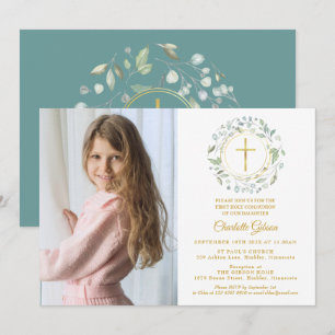 First Holy Communion Greenery Gold Cross Photo Invitation