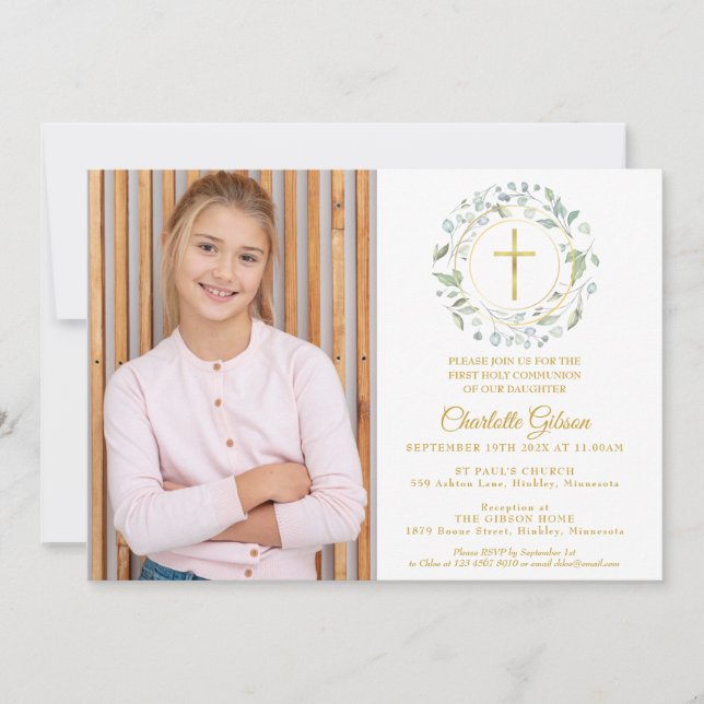 First Holy Communion Greenery Gold Cross Photo Invitation (Front)
