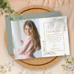 First Holy Communion Greenery Gold Photo Thank You Card<br><div class="desc">Gold signature first holy communion photo thank you card. Personalize with your special photo and thank you message in chic gold lettering on this modern elegant design. Designed by Thisisnotme©</div>