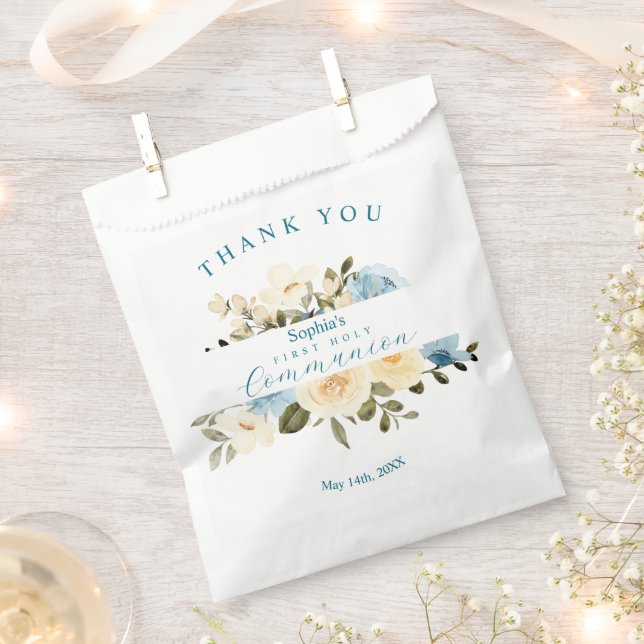 First Holy Communion Greenery Ivory Blue Flowers Favour Bag (Clipped)