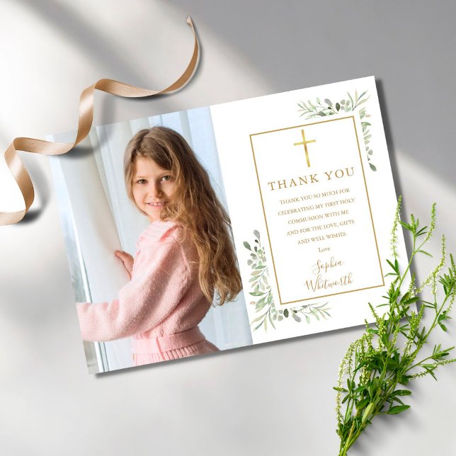 First Holy Communion Greenery Photo Thank You Card (Creator Uploaded)