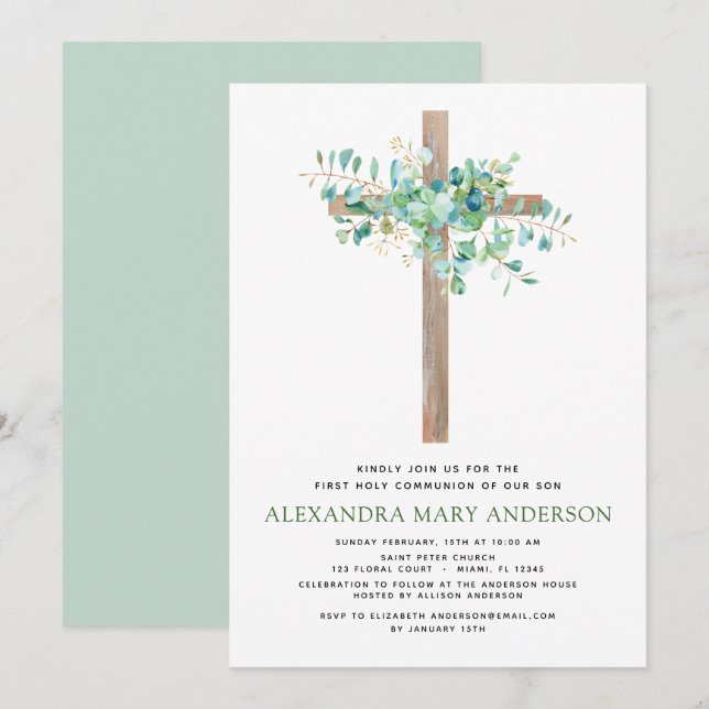 First Holy Communion Greenery Sage Eucalyptus Invi Invitation (Front/Back)