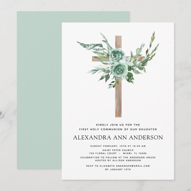 First Holy Communion Greenery Sage Eucalyptus Invi Invitation (Front/Back)