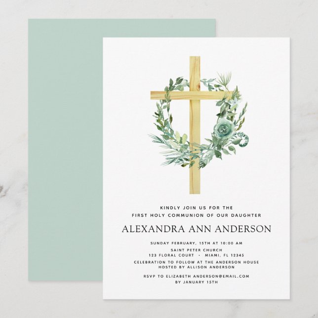First Holy Communion Greenery Sage Eucalyptus Invi Invitation (Front/Back)
