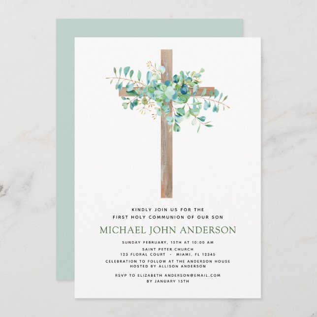 First Holy Communion Greenery Sage Eucalyptus Invi Invitation (Front/Back)