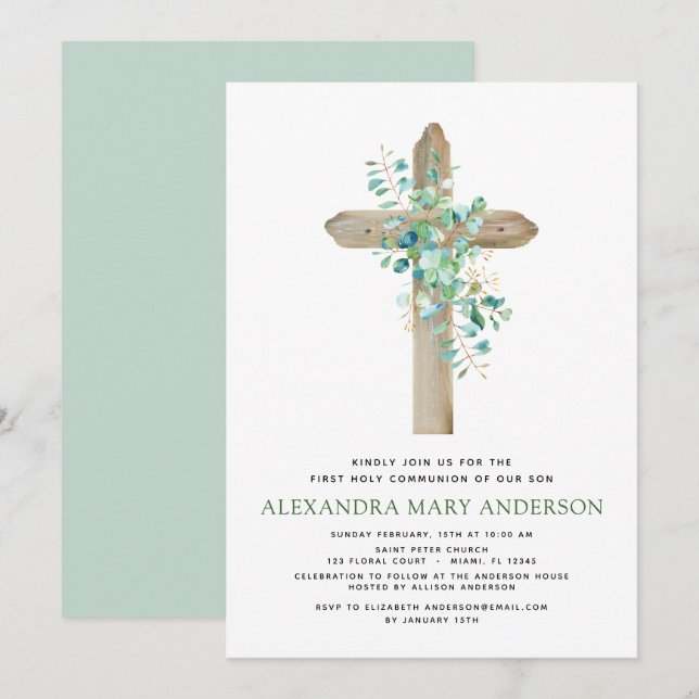 First Holy Communion Greenery Sage Eucalyptus Invitation (Front/Back)