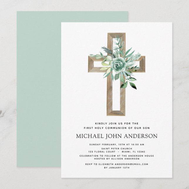 First Holy Communion Greenery Sage Eucalyptus Invitation (Front/Back)
