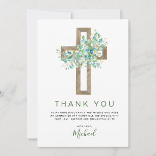 First Holy Communion Greenery Sage Thank You Card