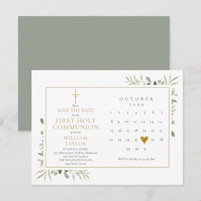 First Holy Communion Greenery Save The Date Announcement Postcard (Front/Back)