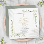 First Holy Communion Greenery Square Save The Date<br><div class="desc">Featuring delicate watercolor greenery leaves and an elegant gold crucifix,  this chic gender-neutral First Holy Communion save-the-date invitation can be personalized with your special information,  with a sage green background on the reverse. Designed by Thisisnotme©</div>