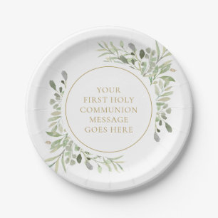First Holy Communion Greenery Watercolor Gold Paper Plate