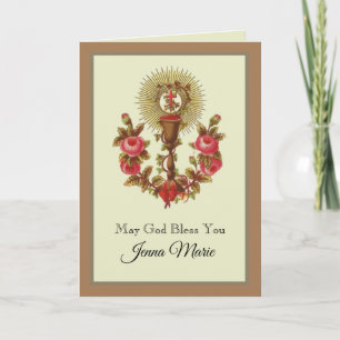 First Holy Communion Host Chalice Vintage Roses Holiday Card