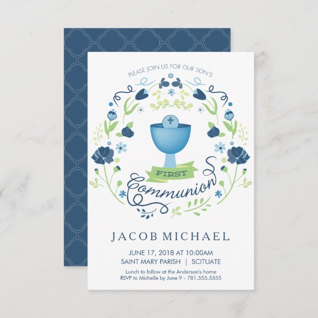 First Holy Communion Invitation Boy's Invite Card (Front/Back)