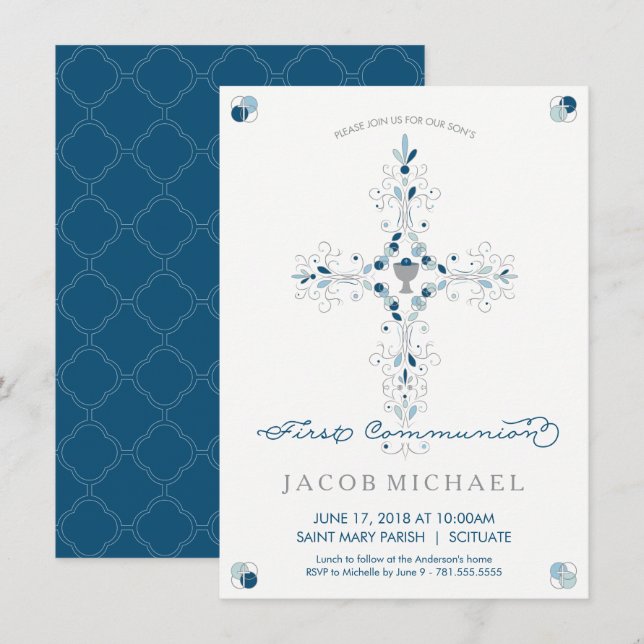 First Holy Communion Invitation Boy's Invite Card (Front/Back)
