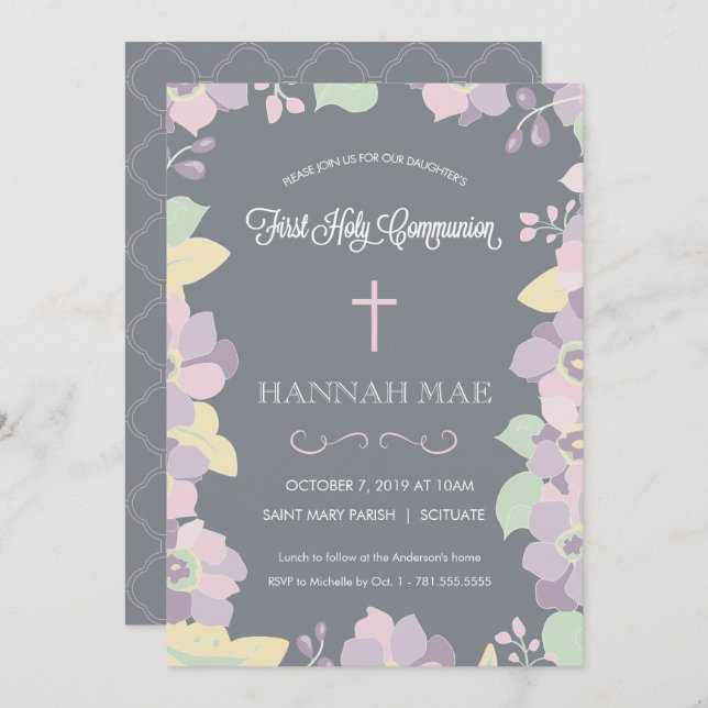 First Holy Communion Invitation Card with Cross (Front/Back)