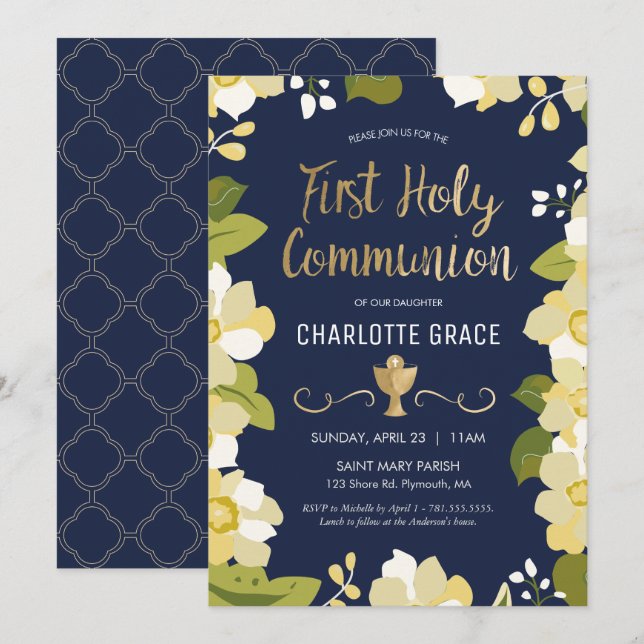 First Holy Communion Invitation, Floral w/ Gold Invitation (Front/Back)