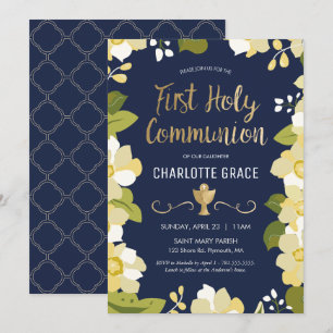 First Holy Communion Invitation, Floral w/ Gold Invitation