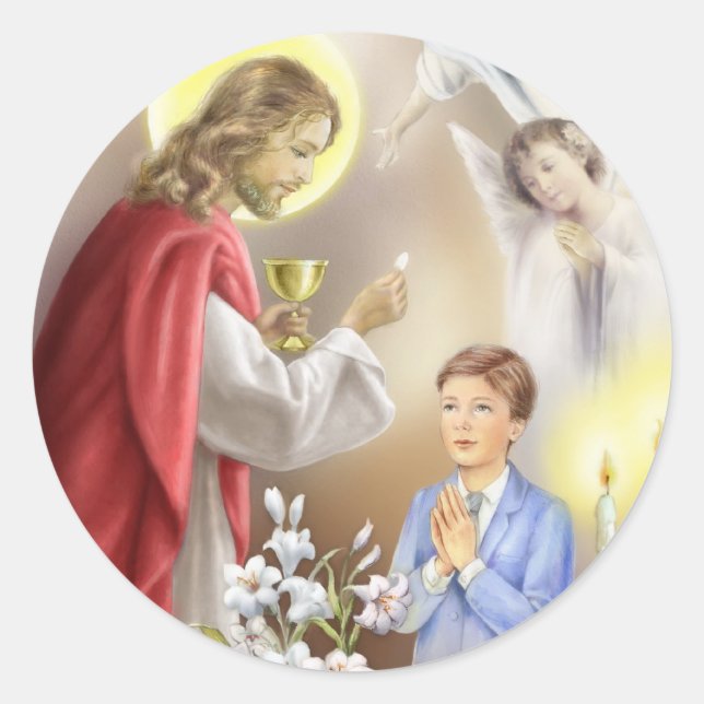 First Holy Communion Invitation for boys Classic Round Sticker (Front)
