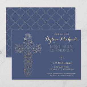 First Holy Communion Invitation, Gold Cross Invite