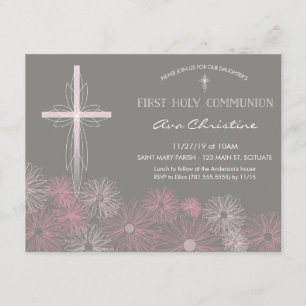 First Holy Communion Invitation w/ Cross, Daisies