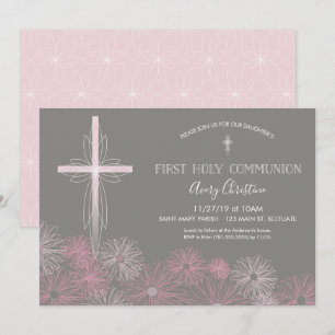 First Holy Communion Invitation w/ Cross, Flowers