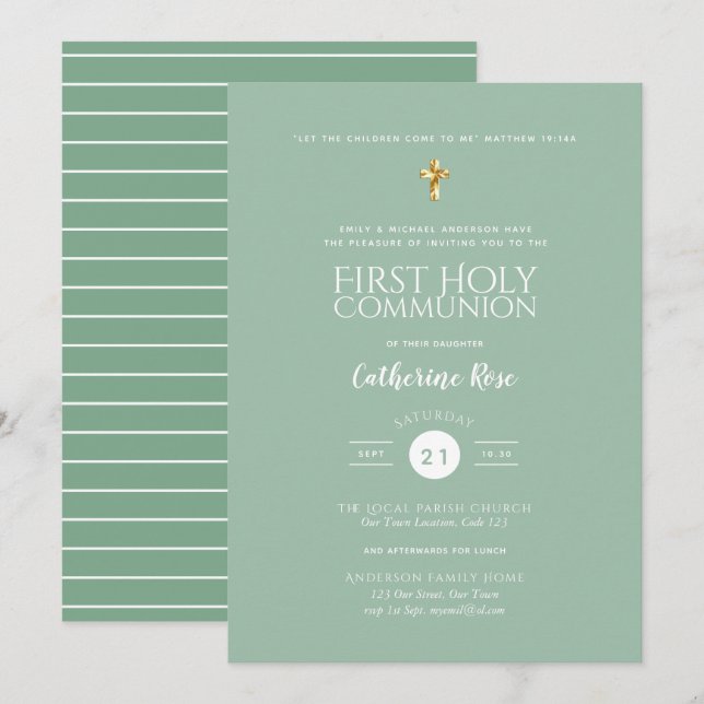 First Holy Communion Invitations Sage Green (Front/Back)