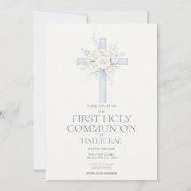 First Holy Communion Invite, Blue Floral Cross