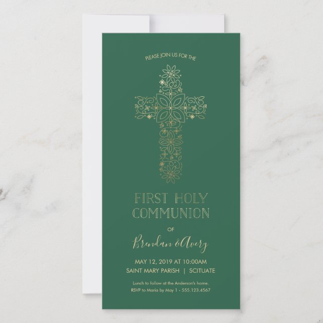 First Holy Communion Invite - Gold, Elegant, Green (Front)