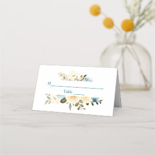 First Holy Communion Ivory Blue Flowers Greenery Place Card