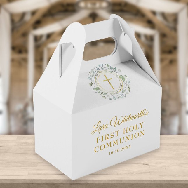 First Holy Communion Laurel Garland Gold Script Favor Box (Creator Uploaded)