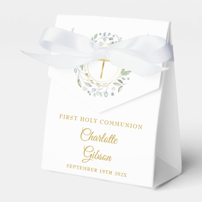 First Holy Communion Laurel Greenery Garland Favor Box (Front Side)