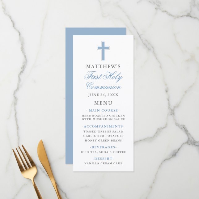 First Holy Communion Light Blue and Silver Menu (Front/Back In Situ)