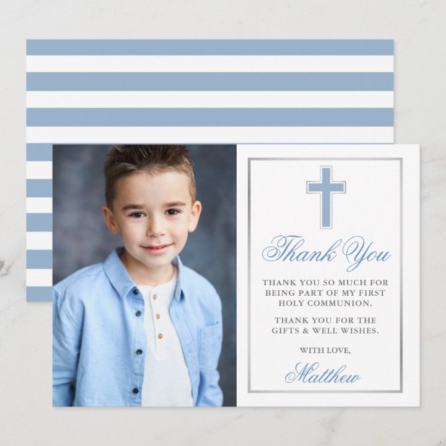 First Holy Communion Light Blue Silver Striped Thank You Card (Front/Back)