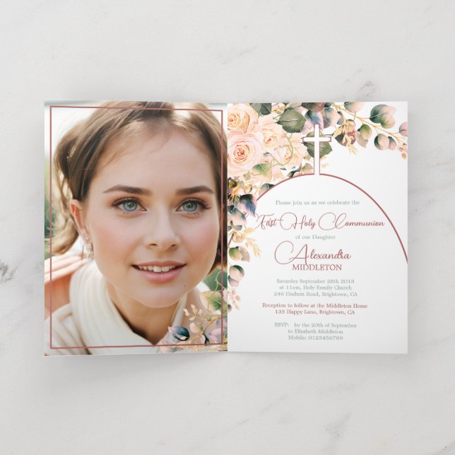 First Holy Communion Lovely Roses Personal Photo  Foil Greeting Card (Inside Laydown)