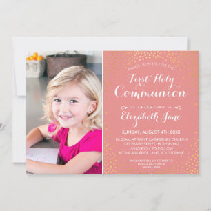 FIRST HOLY COMMUNION mini gold confetti cute coral Invitation