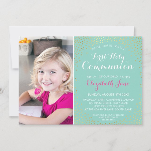 FIRST HOLY COMMUNION mini gold confetti mint Invitation (Front)