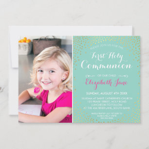 FIRST HOLY COMMUNION mini gold confetti mint Invitation