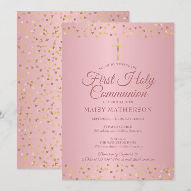 First Holy Communion Modern Rose Gold Hearts Invitation (Front/Back)