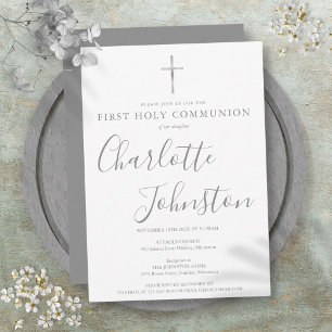 First Holy Communion Modern Silver Signature Invitation
