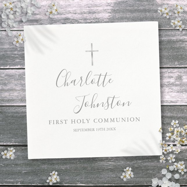 First Holy Communion Modern Silver Signature  Napkin (First Holy Communion Modern Silver Signature Napkins)