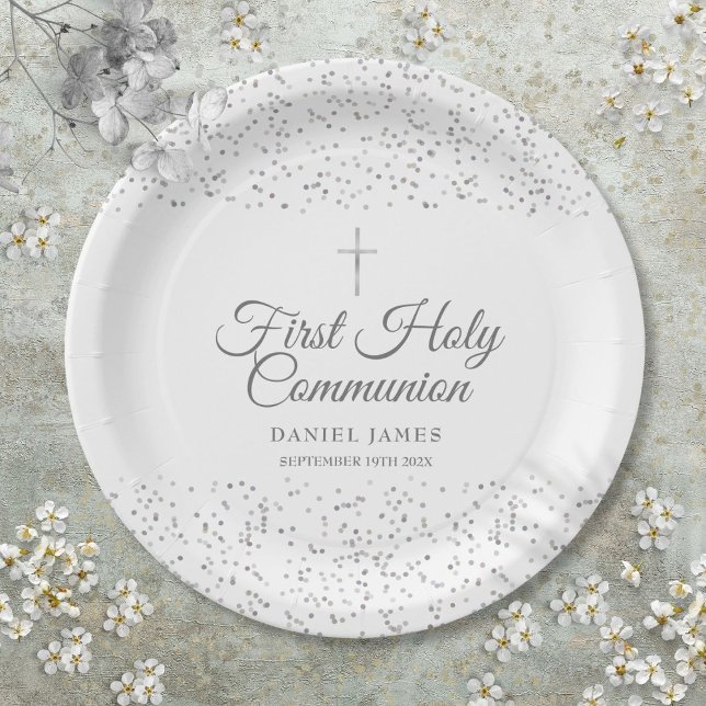 First Holy Communion Modern Silver Stardust  Paper Plate (First Holy Communion Modern Silver Stardust Paper Plates)