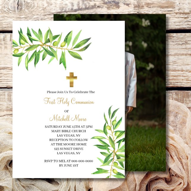 First Holy Communion Modern Simple Olive Branch Invitation (Creator Uploaded)